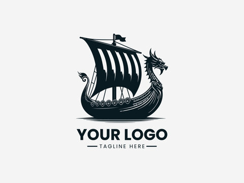 Viking Drakkar Ship black vector logo white background