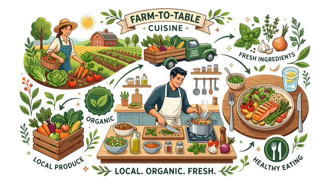 Farm to table cuisine with local organic fresh produce and healthy eating