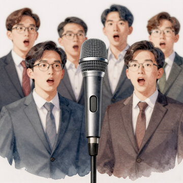 Watercolor Choir Band. Male Choir Singing With A Microphone