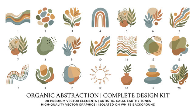Organic abstraction complete design kit with 20 premium vector elements in aesthetic calm earthy tones