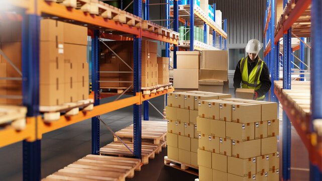 Warehouse operations, logistics storage. Worker in safety gear sorts and stacks boxes on pallets, organizing inventory and preparing goods for shipment.
