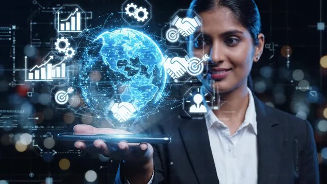 Businesswoman holding a holographic globe with business icons
