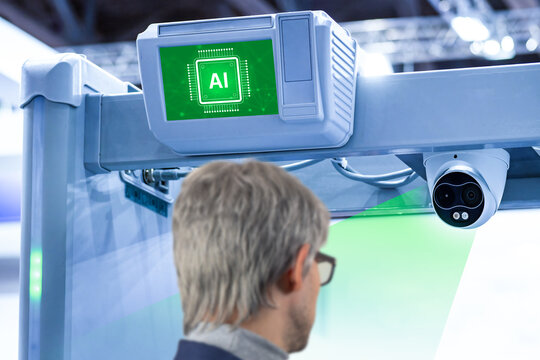 Security systems, AI surveillance. Camera with artificial intelligence scans person, monitoring access control and analyzing data for automated safety management.