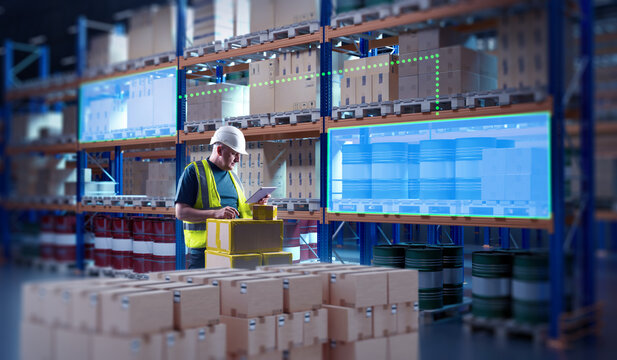 Warehouse worker using a tablet to manage inventory with digital tracking system. Smart logistics and automated stock monitoring in a modern storage facility.