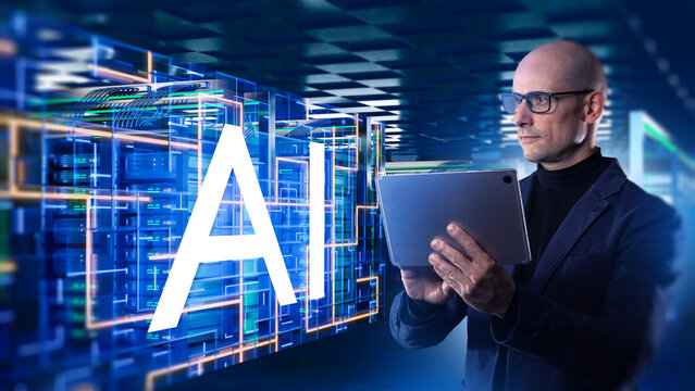 AI data center concept. IT specialist using tablet to manage artificial intelligence systems and servers in a modern high-tech server room.