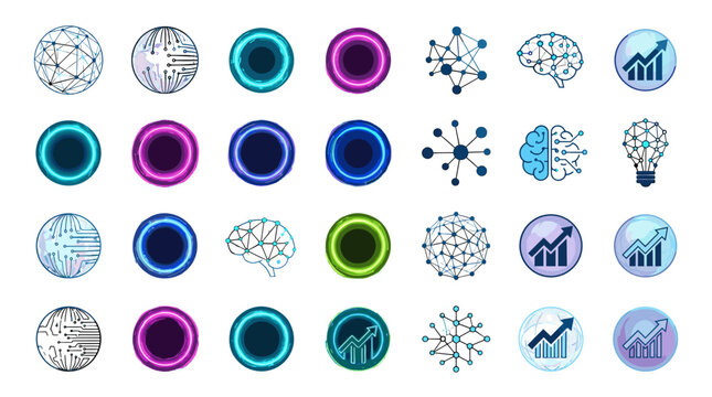 Collection of various colorful science and technology icons