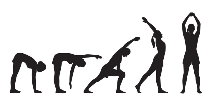 Silhouette of woman performing various yoga poses and stretching exercises on white background vector illustration.