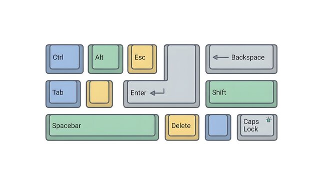 Set of colorful keyboard shortcut keys isolated on white background computer concept