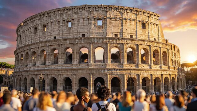 Spectacular 4k aerial view of the Colosseum, bathed in ethereal golden hour light and soft bokeh, conveying epic historical grandeur and timeless human achievement. Perfect for