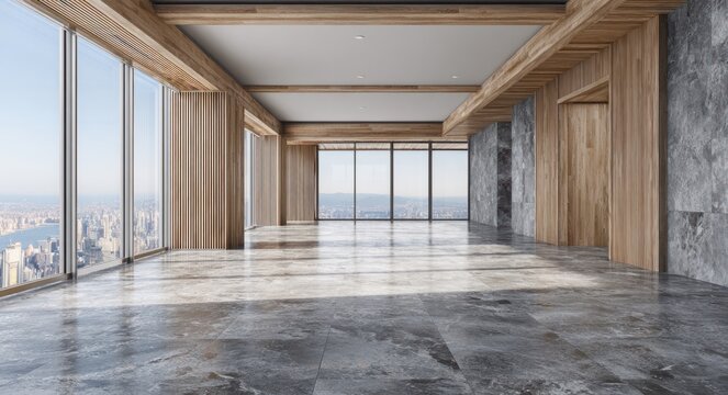 Modern interior room with large windows, light gray marble floor, light brown wooden accents, and an open space design