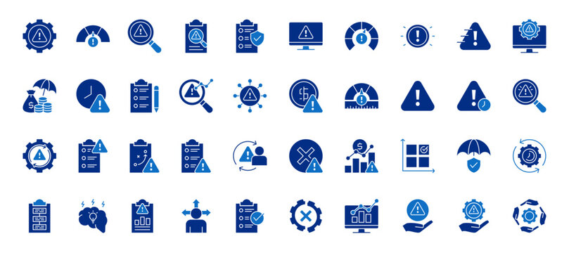 Risk Management Icon Set containing risk, identification, assessment, mitigation, monitoring, control, problem, threat and asset protection vector icons
