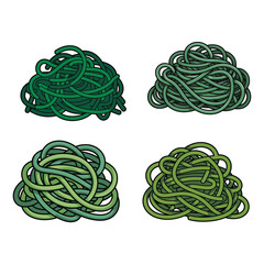 Obraz premium Chaotic green doodle tangled rope ball icon creative abstract line art vector