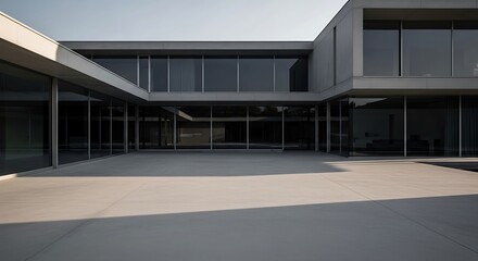 Obraz premium Modern Minimalist Architecture Luxury Villa with Large Glass Windows and Concrete Terrace