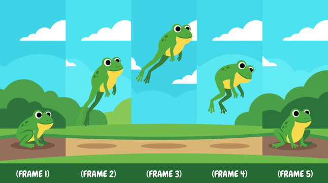 Animated cartoon frogs jumping in sequence.