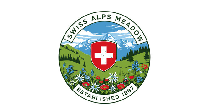 Swiss Alps Meadow Emblem Logo.