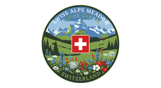 Swiss Alps Meadow Emblem Logo Design.