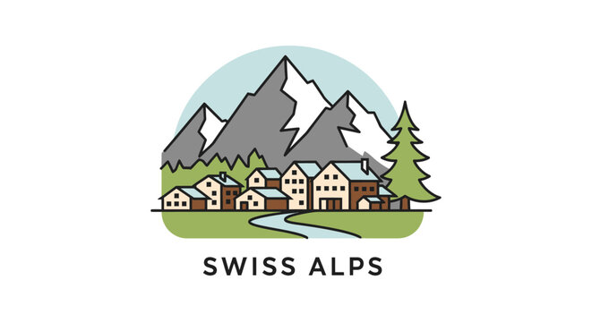 Swiss Alps village houses and mountains.