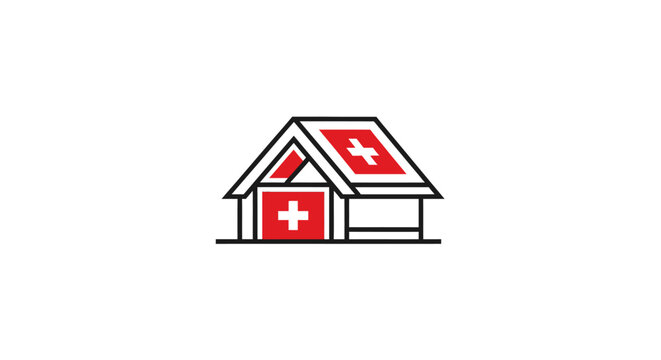 Red cross house medical symbol icon.