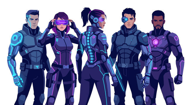 Group of five futuristic superheroes in purple and blue armor standing together