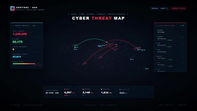 Global cyber threat map on security operations center dashboard interface