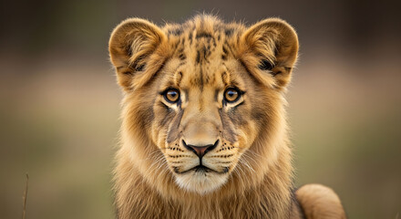 Obraz premium A lion cub stares directly at the camera with intense gaze in savannah