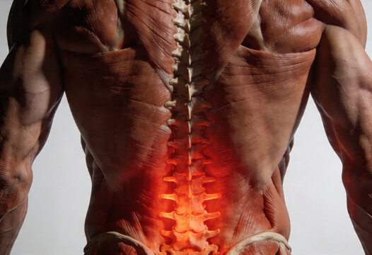 Adult male anatomy backview with inflammation and pain in lower back, depicting sciatica nerve ache health problem for medical understanding.