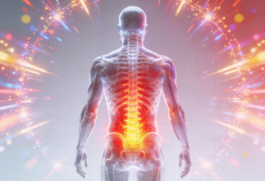 Adult person anatomy backview showing spine lower back pain inflammation ache sciatica nerve health medicine causing ache.