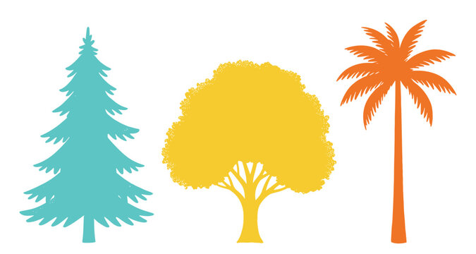 Conifer deciduous and palm tree vector silhouettes isolated on transparent back.