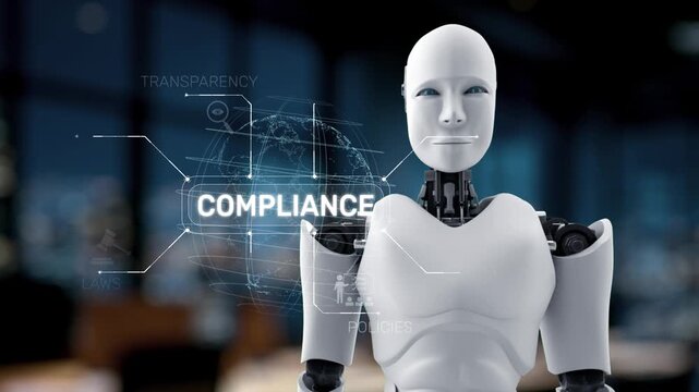A humanoid robot engages with digital elements representing compliance and governance in a contemporary office, symbolizing the future of business technology and strategy. Synapse
