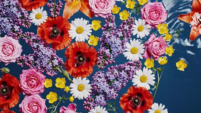 Vibrant floral arrangement with roses poppies daisies and lilies