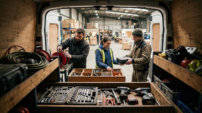 Small business team organizing equipment inside a leased commercial van foreground tools crisp while the open warehouse space fades out of focus.