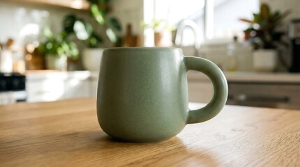Fototapeta premium Simple Green Mug on Wooden Table with Blurred Kitchen Background