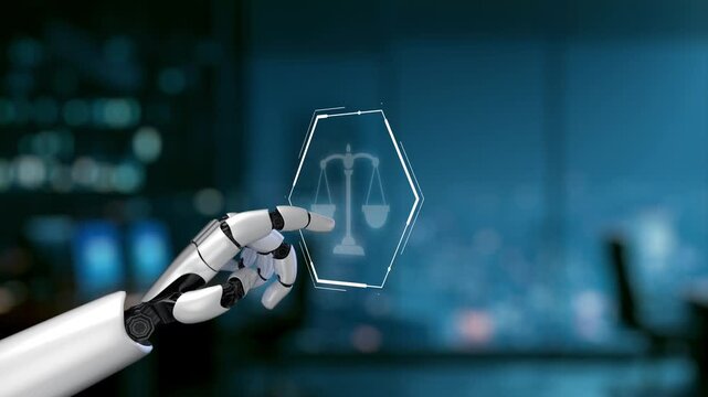 A futuristic robot hand engages with digital law icons, symbolizing the intersection of technology and justice in a modern workspace, emphasizing innovation in the legal field. Synapse