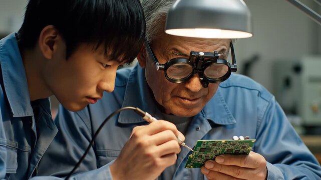 Two electronics engineers examining a complex circuit board with magnifying loupes, Generative AI
