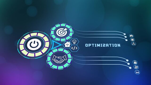  Business process optimization concept with futuristic gear interface and data icons for improving efficiency and corporate performance.