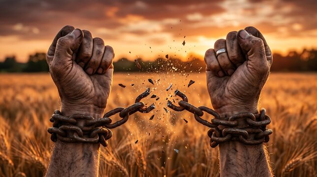 Breaking chains hands showing freedom and escape from slavery