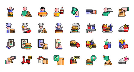 Obraz premium Fast food service ecosystem color line icon set burger pizza drink order cooking delivery payment and customer feedback vector illustration
