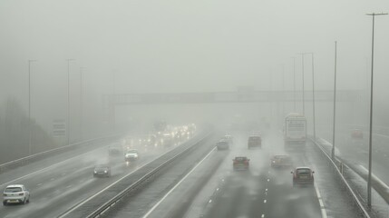 Fototapeta premium Misty asphalt highway in fog with blurred vehicles and reduced visibility on a gloomy day, evoking a sense of uncertainty and isolation in travel