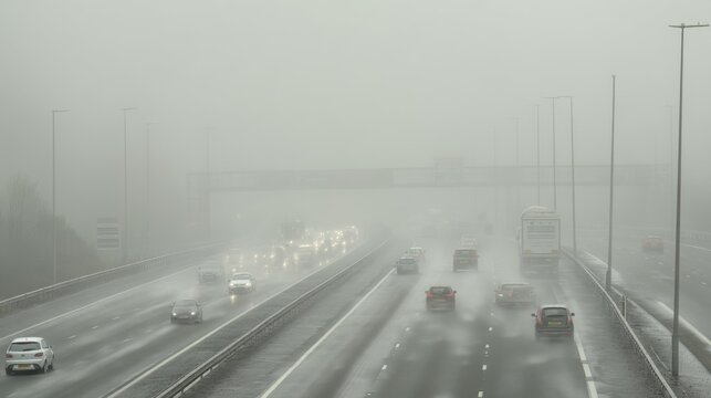 Misty asphalt highway in fog with blurred vehicles and reduced visibility on a gloomy day, evoking a sense of uncertainty and isolation in travel