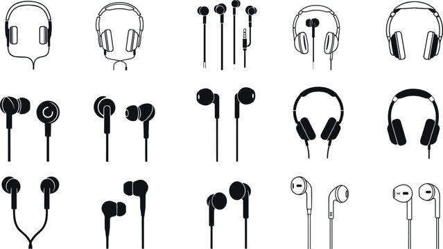 Headphones and earphones vector icon set featuring wired earbuds and over ear headphones minimalist black audio device collection