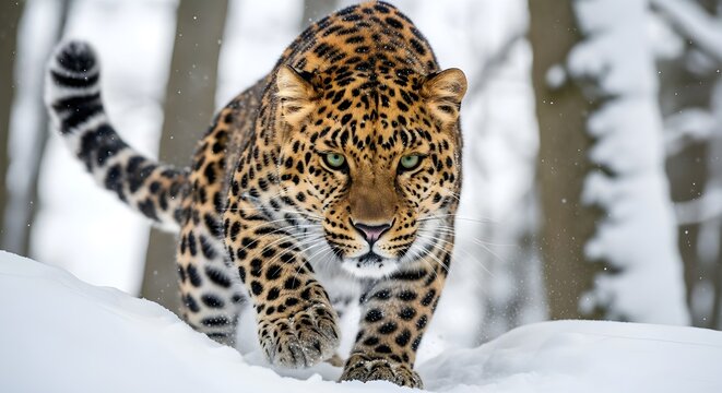 Amur leopard crouched predatory stalk through snow worm&rsquo;s-eye view winter wildlife