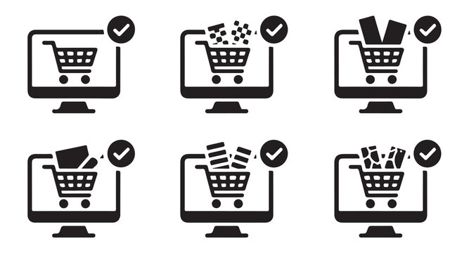 Online shopping confirmation icons. computer screens showing filled shopping carts with check marks.