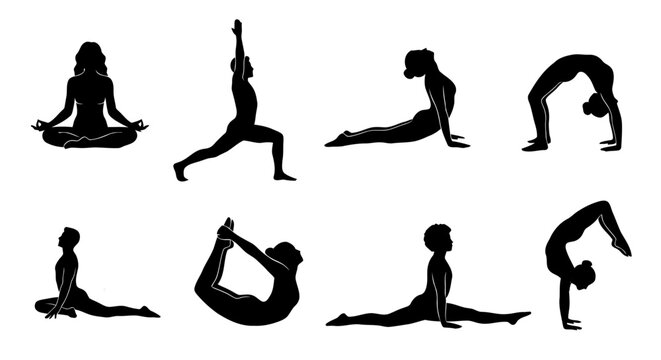 Yoga Poses and Stretching Silhouette Vector Set, Meditation and Fitness Exercise Icons, Minimalist Black and White Wellness Illustrations on Transparent Background