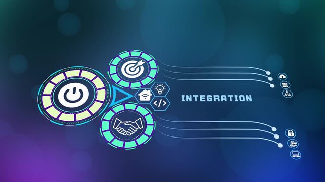  Business system integration concept with futuristic gear interface and data connection icons for seamless workflow and technology synergy.