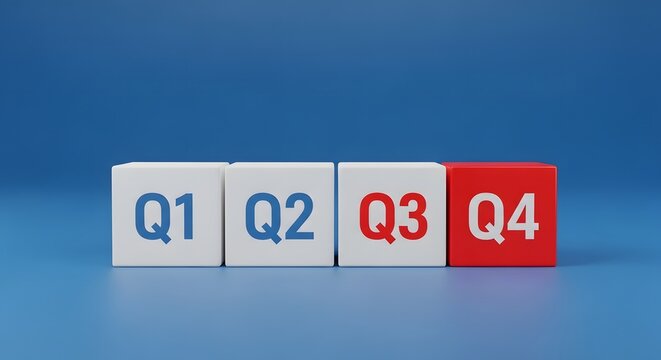 Quarterly business timeline with cubes on blue background