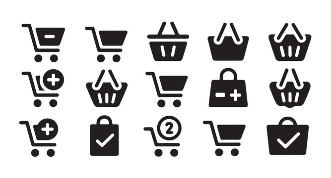 Shopping cart icons, shopping baskets, and bags with plus minus and checkmark.