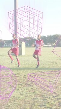 Vertical video: 3 players juggling after ball entering training soccer purple shapes crossing legs