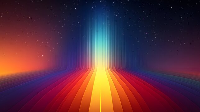 Vertical glowing light beams rising from a colorful perspective floor into a starry night sky. Futuristic data visualization concept.