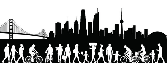 Obraz premium Minneapolis skyline vector silhouette illustration with active crowd, walking people, cyclists, and bridge background
