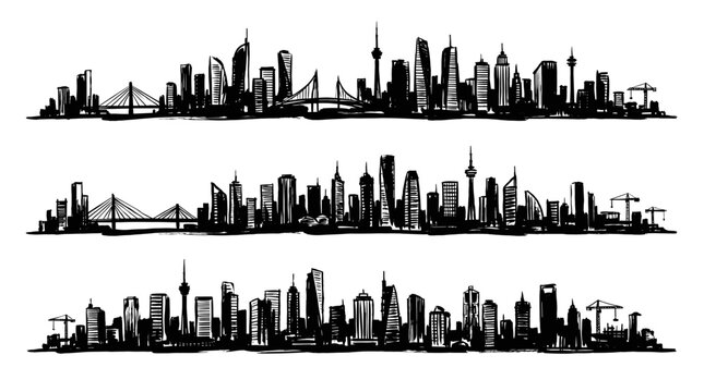 Set of three Minneapolis skyline vector illustrations, hand drawn panoramic cityscape sketch with modern buildings, towers, and bridge
